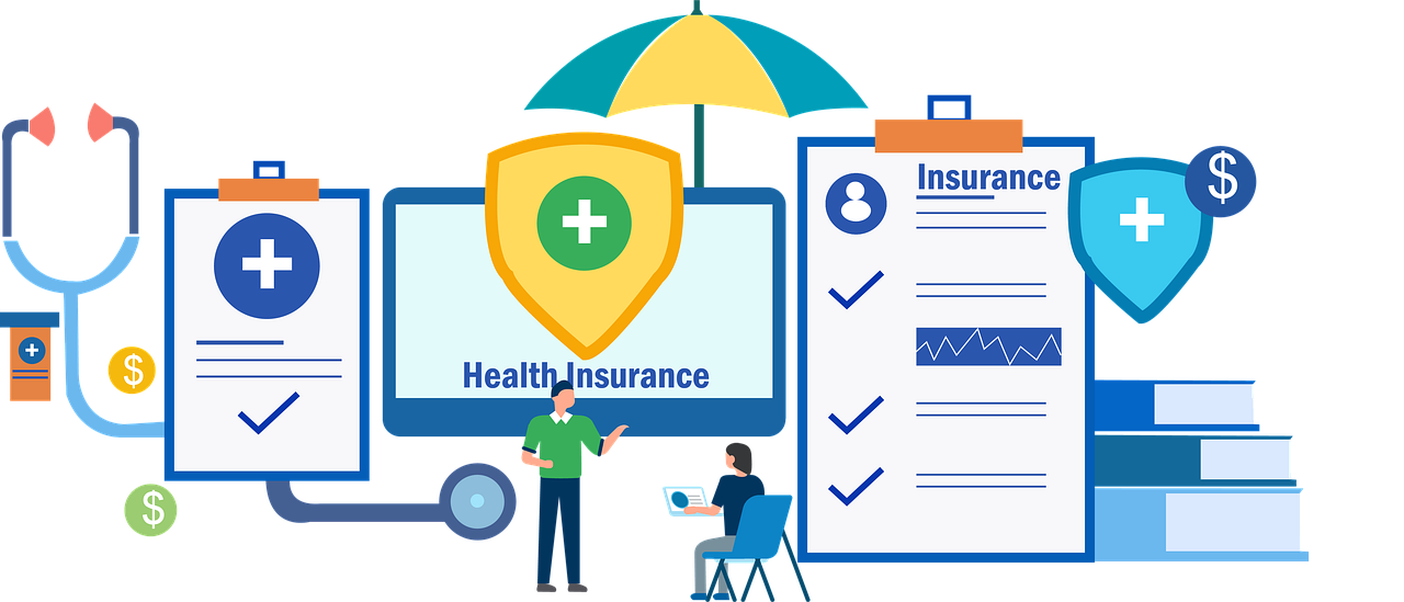 cartoon displaying health insurance, documents, etc.