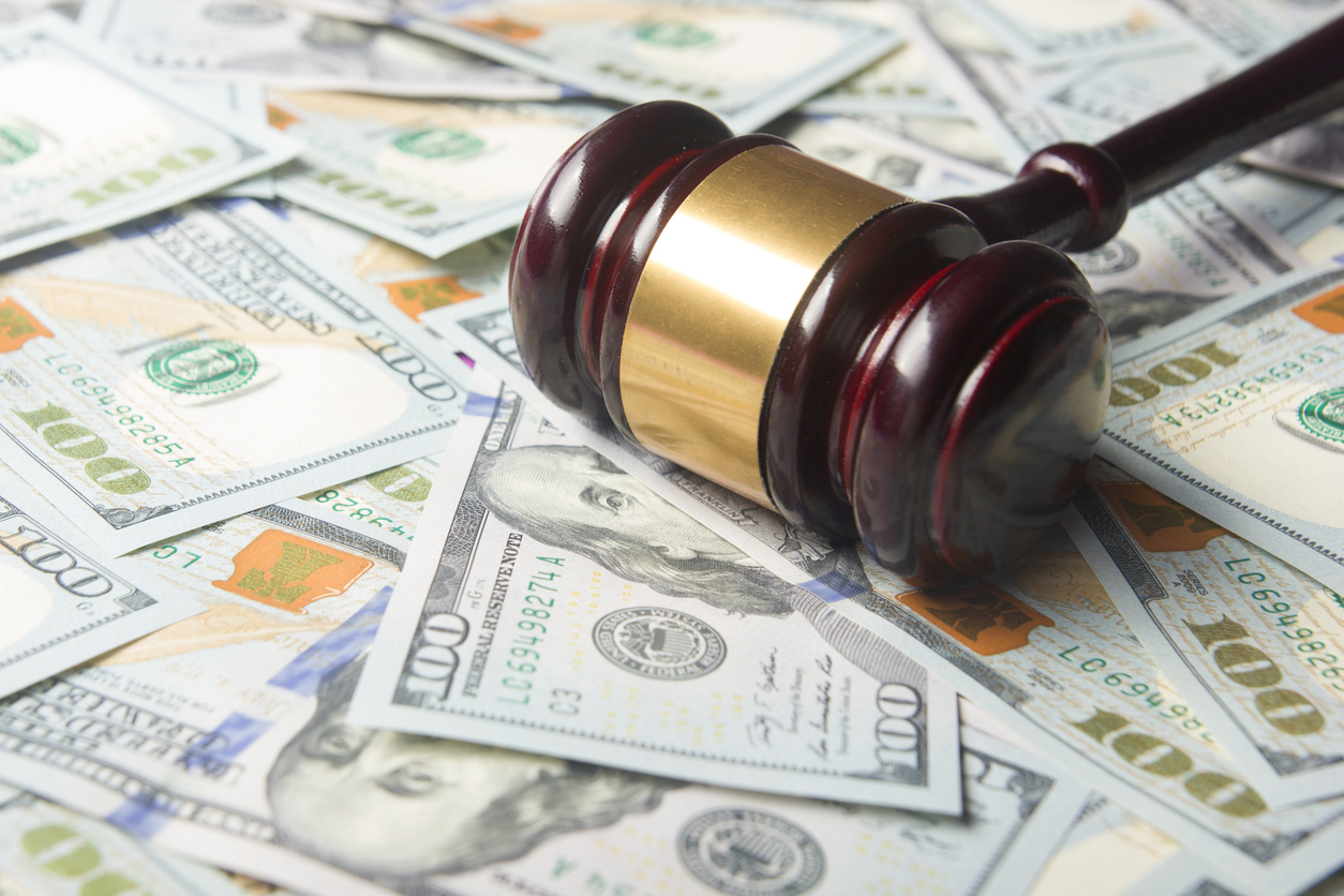 Judges Or Auctioneer Gavel On The Dollar Cash Background, Top View, Close-Up. Concept For Corruption, Bankruptcy, Bail, Crime, Bribing, Fraud, Auction Bidding, Fines